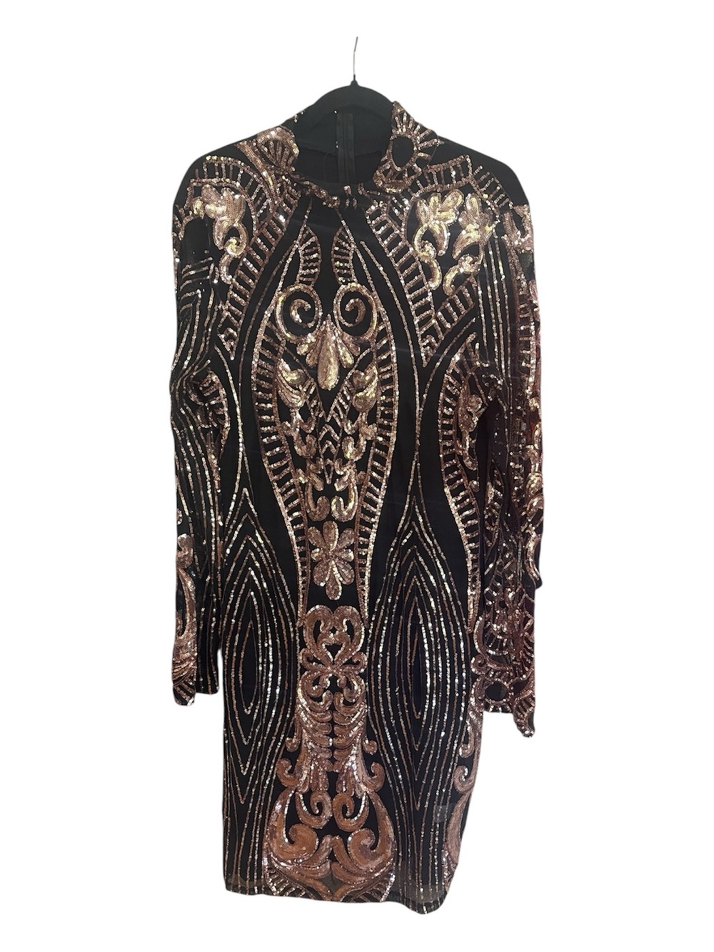 Black Long-Sleeve Sequin Party Dress with Rose Gold Embellishment